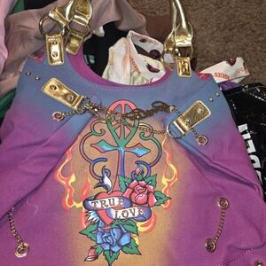 Ed Hardy Multicolor Shoulder Bag with Gold Accents